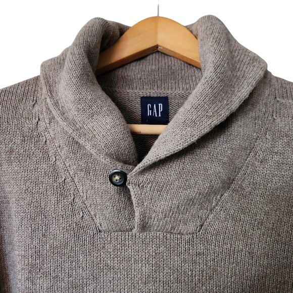Gap Shawl Collar Pullover Elbow Patch Sweater Brown Cotton Wool Men's Size L - Picture 3 of 8